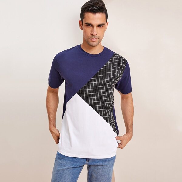 

Men Color-block Grid Print Tee