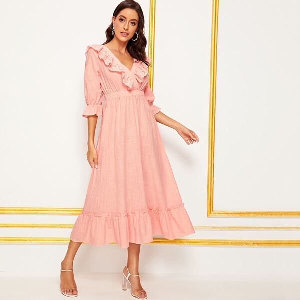 

Embroidery Eyelet Ruffle Trim Hijab Long Dress, Pink