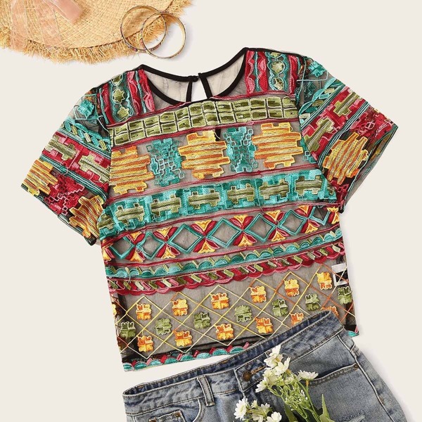 

Embroidery Appliques Mesh Top