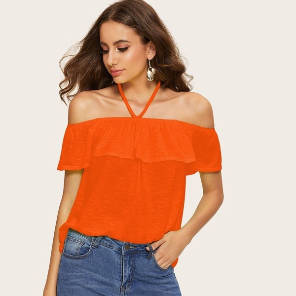 

Neon Orange Halter Off Shoulder Ruffle Trim Marled Top