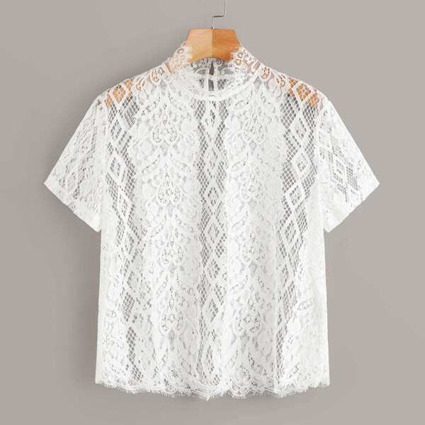 

Mock Neck Sheer Guipure Lace Top Without Bra