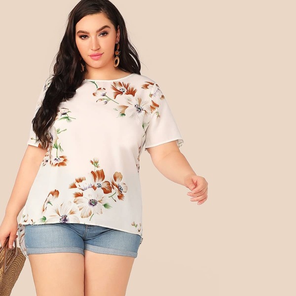 

Plus Floral Print Dip Hem Top