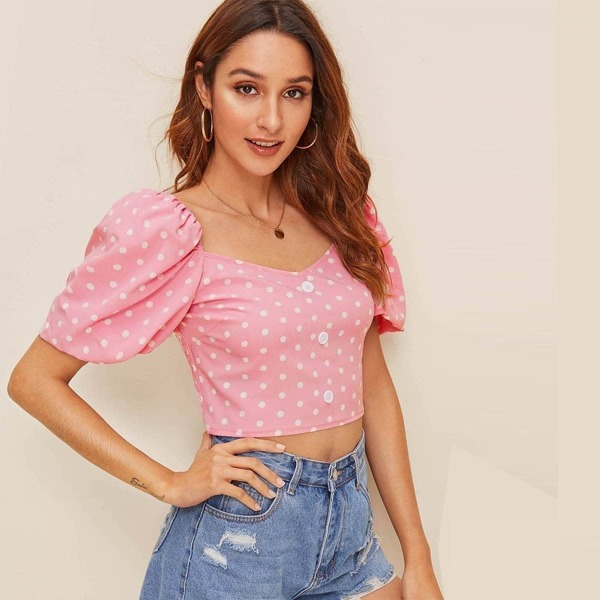 

Polka Dot Puff Sleeve Crop Top