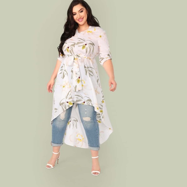 

Plus Roll-up Sleeve Floral Print Belted Dip Hem Top, White