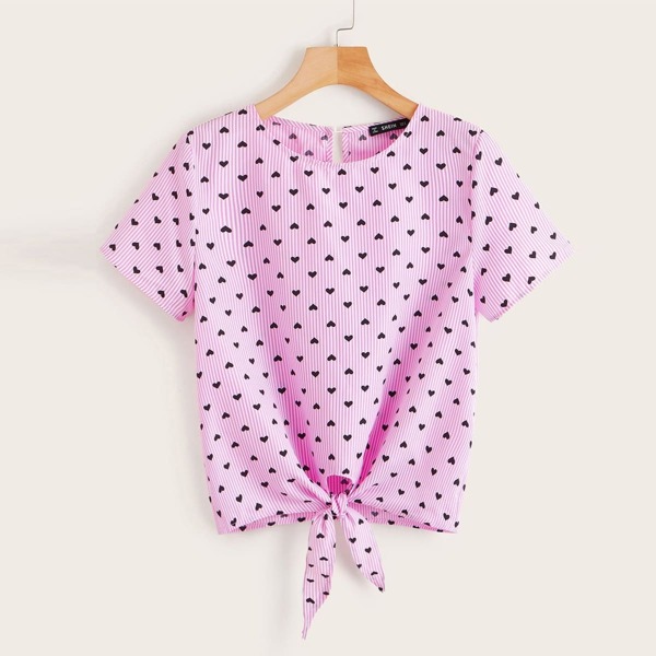 

Allover Heart Print Knotted Hem Striped Top