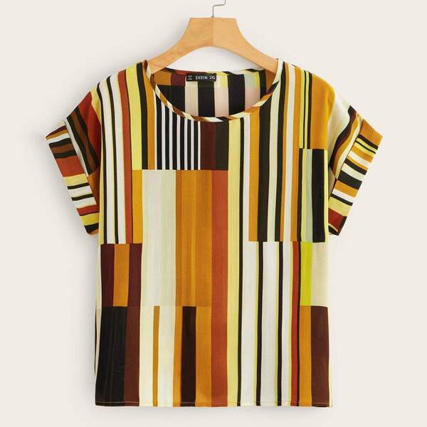 Plus Rolled Cuff Striped Top