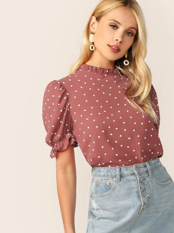 

Frilled Neck Heart Print Top, Pink, Allie Leggett