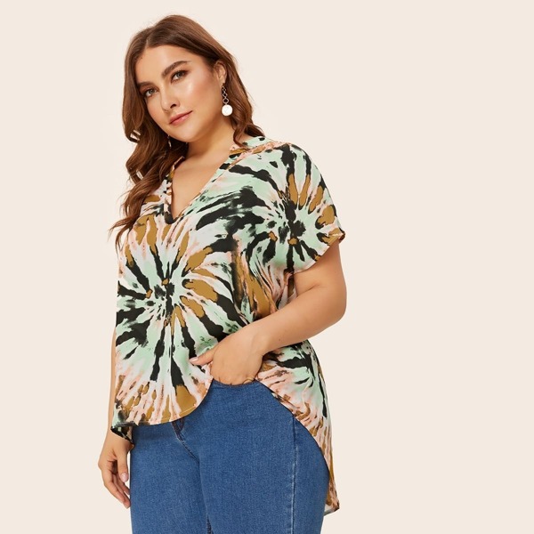 

Plus V-cut High-low Hem Tie Dye Top
