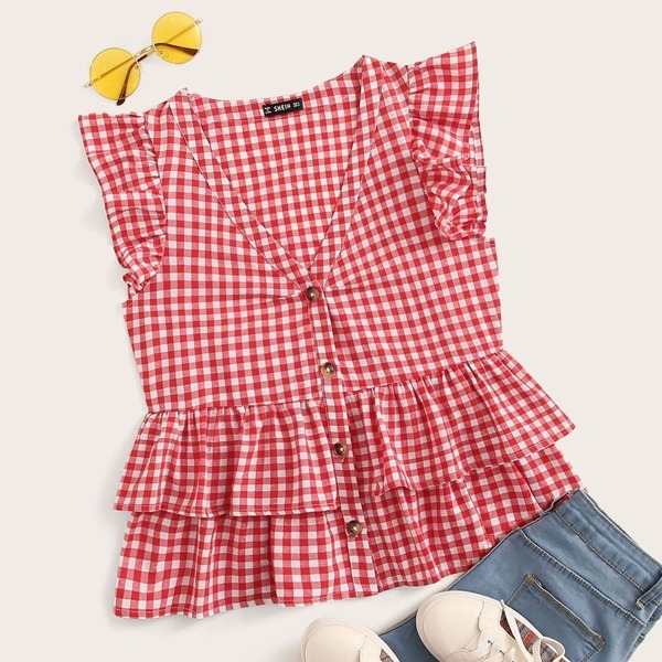 

V-neck Ruffle Armhole Layered Hem Gingham Top, Red