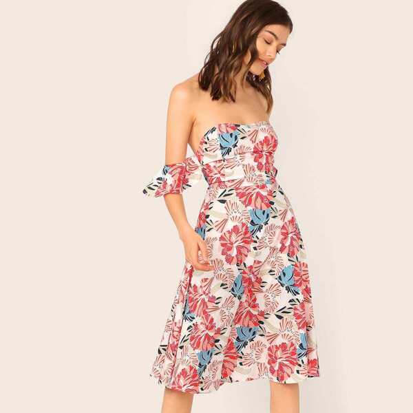 

Off Shoulder Floral Print Fit and Flare Dress, Multicolor