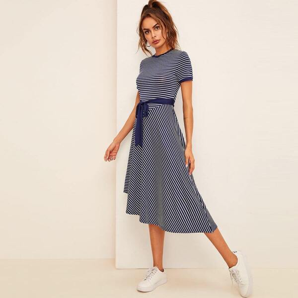 

Asymmetric Hem Belted Striped Ringer Dress, Navy