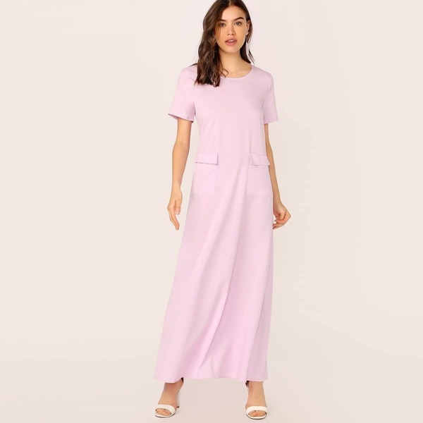 

Flap Pocket Front Solid Dress, Pink