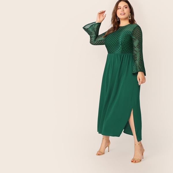 

Plus Dot Lace Bodice Bell Sleeve Dress