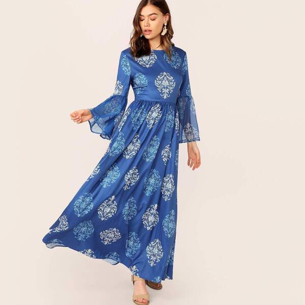 

Plants Print Bell Sleeve Fit & Flare Dress, Blue