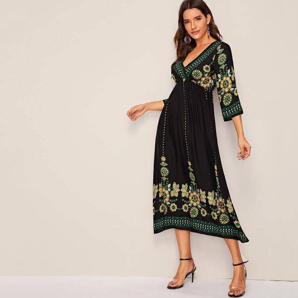 

V-neck Botanical Embroidered Dress, Black