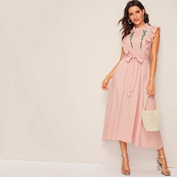 

Ruffle Trim Embroidered Belted Dress, Pink pastel