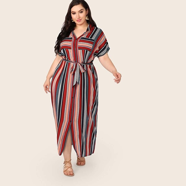 

Plus Pocket Patched Belted Striped Shirt Dress, Multicolor