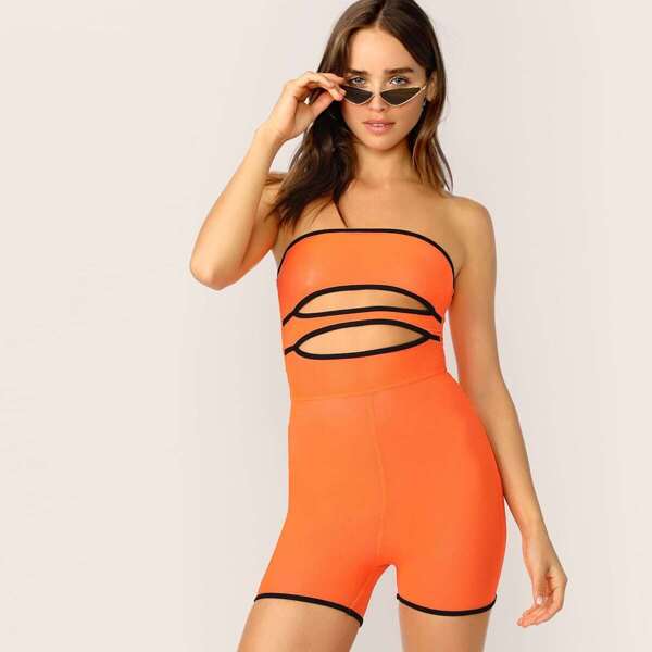 

Neon Orange Cutout Front Contrast Piping Tube Romper, Orange bright