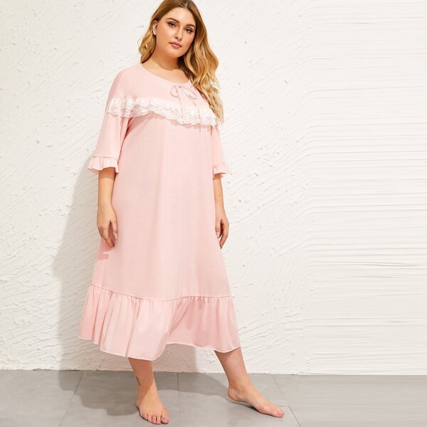 

Plus Tie Neck Floral Lace Trim Nightdress, Pink pastel