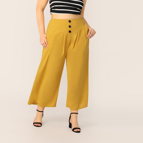 

Plus Button Front Fold Pleated Wide Leg Pants, Yellow