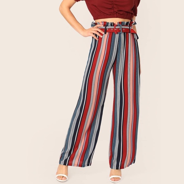 

Ruffle Trim Buckle Belted Striped Wide Leg Pants, Multicolor