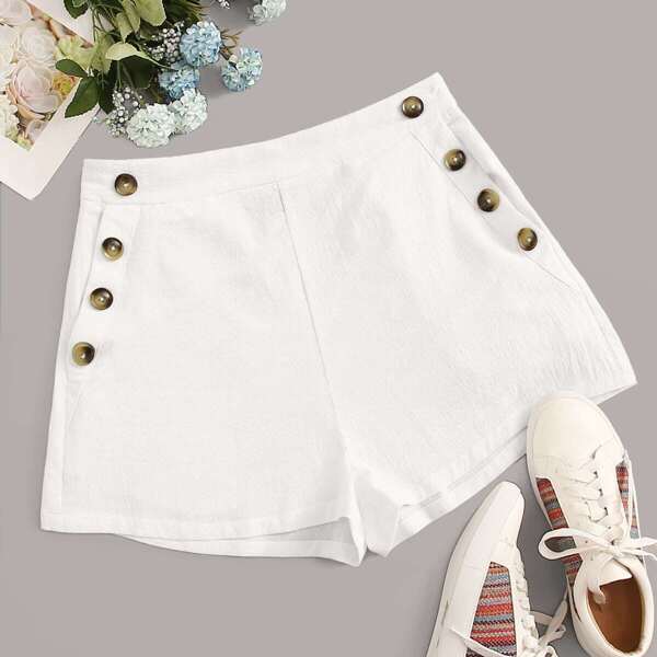

Buttoned Front Slant Pocket Shorts, White