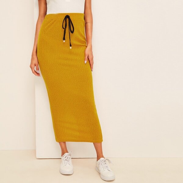 

Drawstring Waist Split Back Marled Skirt