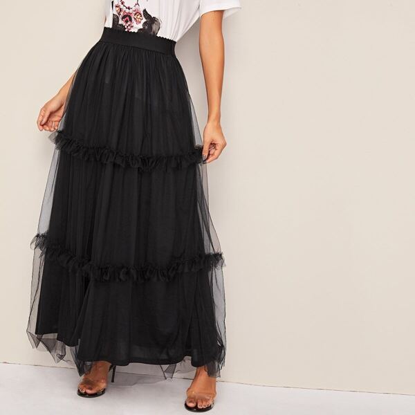 

Wide Waistband Frill Trim Mesh Overlay Skirt