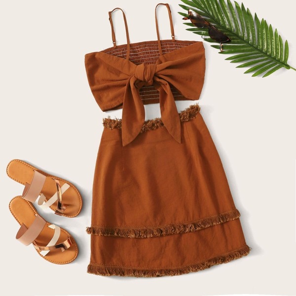 

Knotted Shirred Cami & Raw Hem Skirt Set