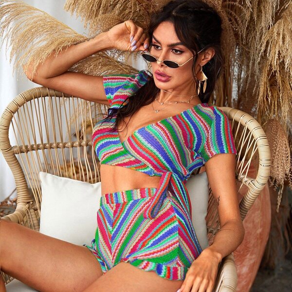 

Colorful Striped Wrap Knot Top & Ruffle Hem Shorts Set