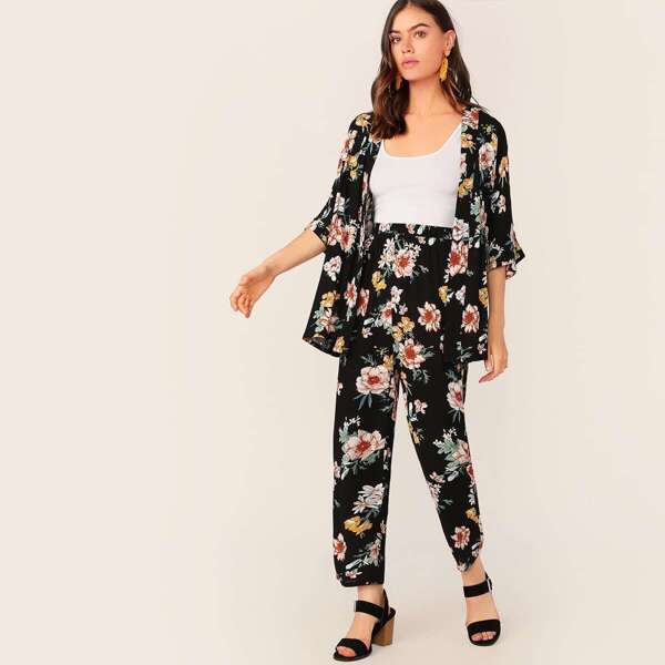 

Floral Print Kimono & Pants Set, Black