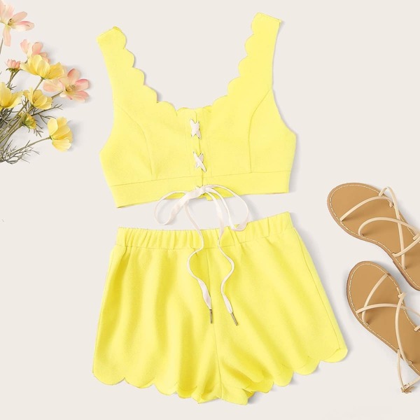 

Lace Up Scallop Trim Tank Top & Shorts Set