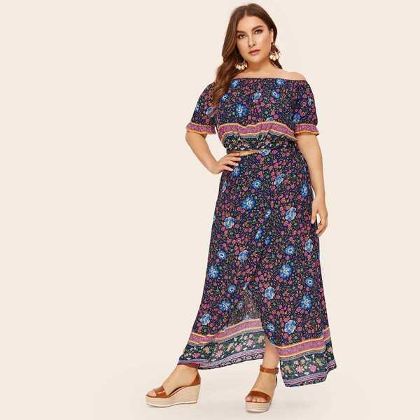 

Plus Allover Print Top and Wrap Split Front Skirt Set, Multicolor