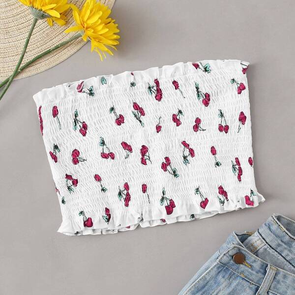 

Plus Frill Trim Shirred Cherry Print Bandeau Top
