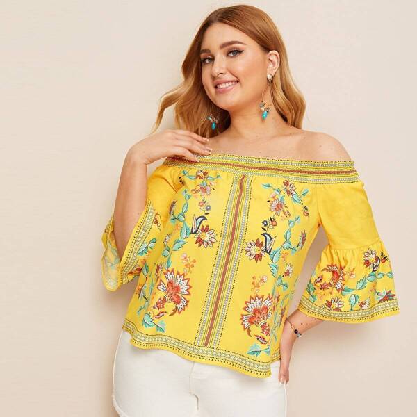 

Plus Off Shoulder Floral Print Blouse, Multicolor