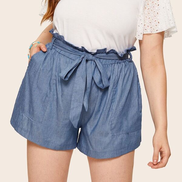 

Plus Wide Leg Belted Paperbag Denim Shorts