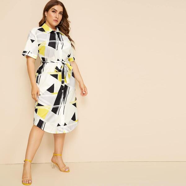 

Plus Geo Print Curved Hem Shirt Dress, Multicolor