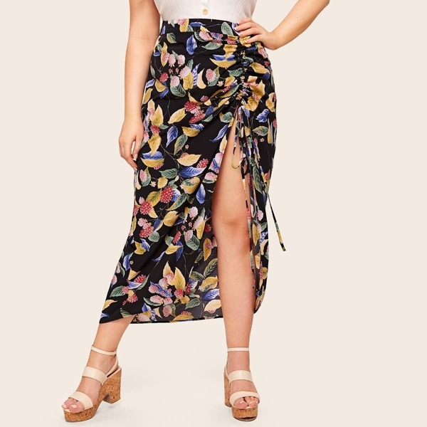 

Plus Drawstring Hem Fruit Print Skirt, Multicolor