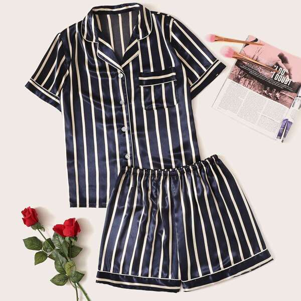 

Striped Button-up Satin Pajama Set, Multicolor