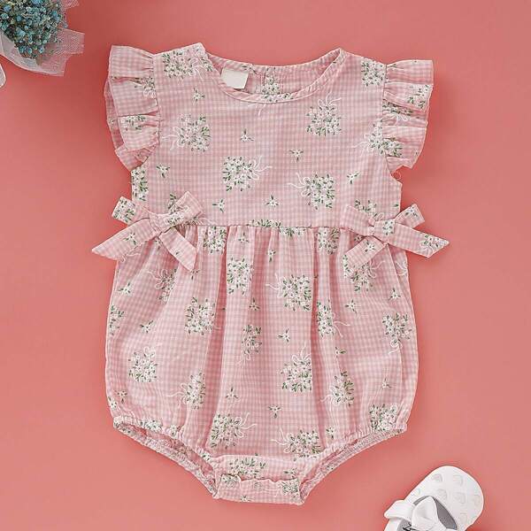 

Baby Girl Allover Floral Print Bow Front Gingham Romper, Pink