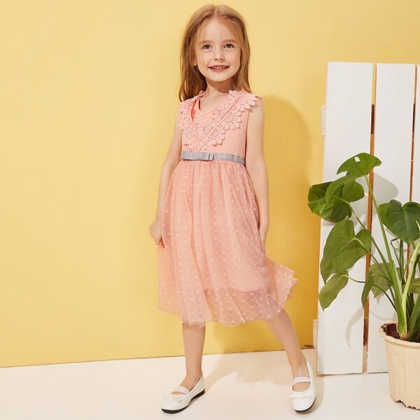 

Toddler Girls Contrast Mesh Bow Front A-line Dress, Pink
