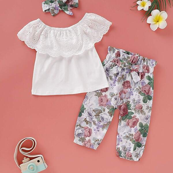

Baby Girl Eyelet Embroidery Top & Allover Floral Print Paperbag Pants & Headband, Multicolor
