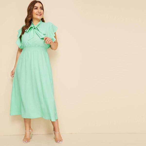 

Plus Butterfly Sleeve Tie Neck Dress, Green