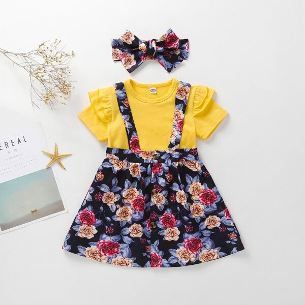 

Toddler Girls Ruffle Trim Tee & Floral Print Skirt & Headband