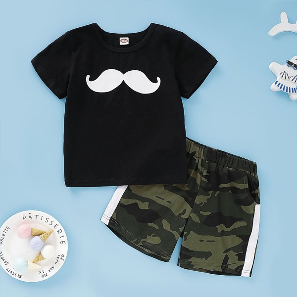 

Toddler Boys Beard Print Tee With Tape Camo Shorts, Multicolor