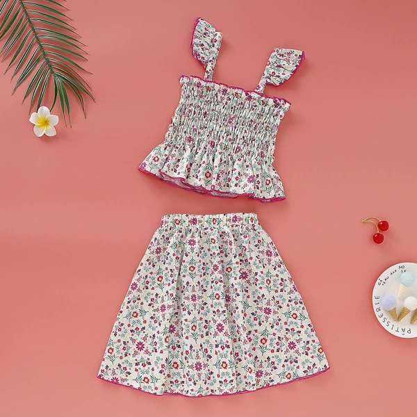 

Toddler Girls Ditsy Floral Shirred Peplum Cami Top With Skirt, Multicolor