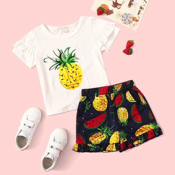 

Toddler Girls Pineapple Print Frill Tee With Shorts