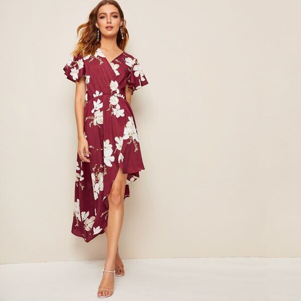 

Surplice Front Floral Print Asymmetrical Hem Dress