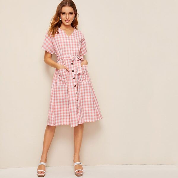 

Self Tie Pocket Gingham Dress