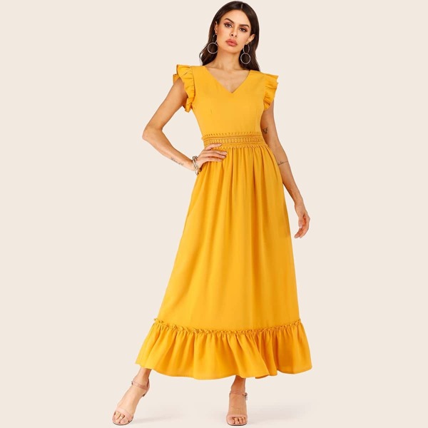 

Lace Panel Ruffle Hem Dress, Yellow